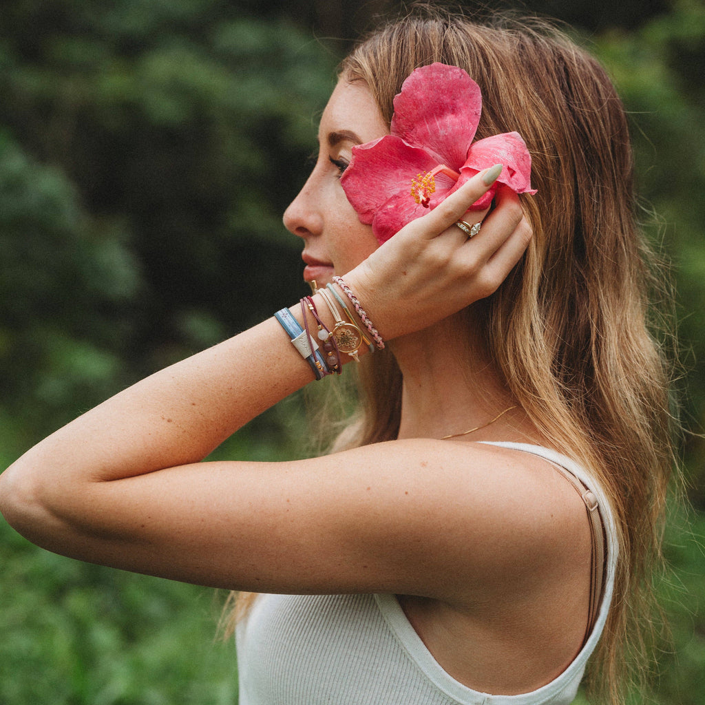 Maroon and Pink Pressed Flowers Hair Tie Bracelets Set of 5