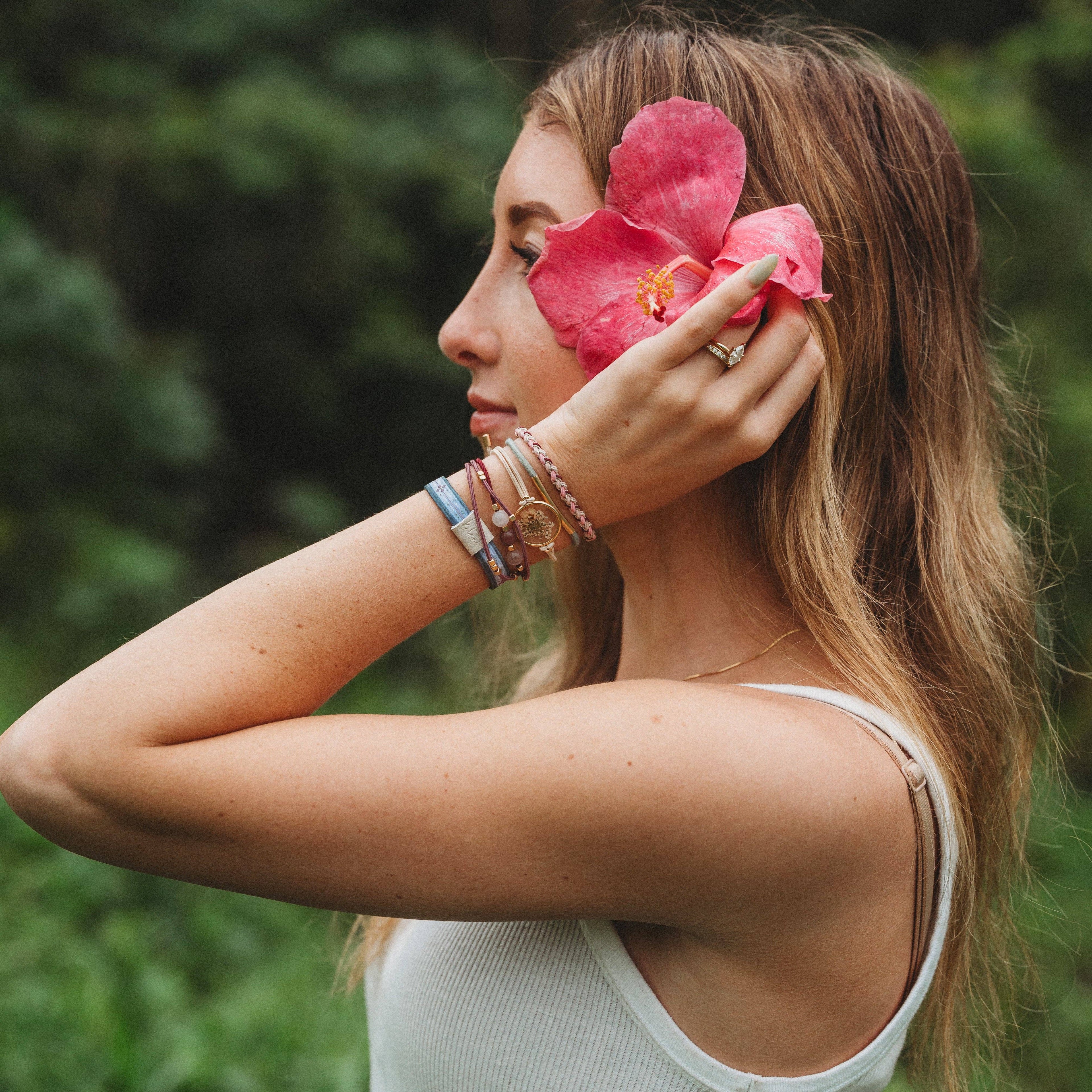 Maroon and Pink Pressed Flowers Hair Tie Bracelets Set of 5