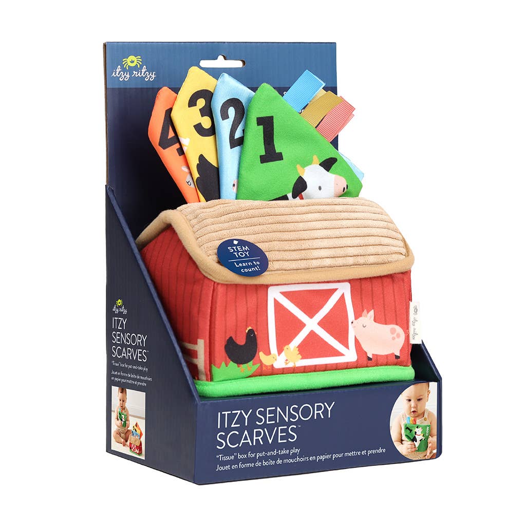 Farm Sensory Scarves Baby Toy Set with Barn Tissue Box