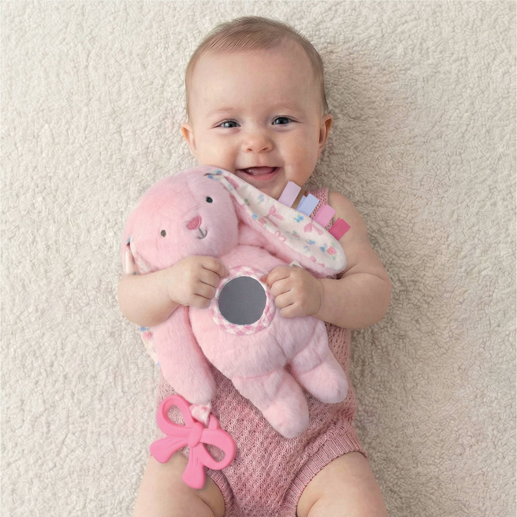 Pink Bunny Plush Sensory Travel Toy with Teether for Baby