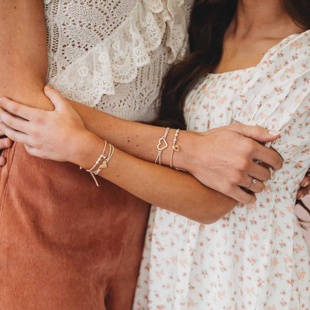 Mother Daughter Pink with Pearls and Gold Hearts Shareable Hair Tie Bracelets