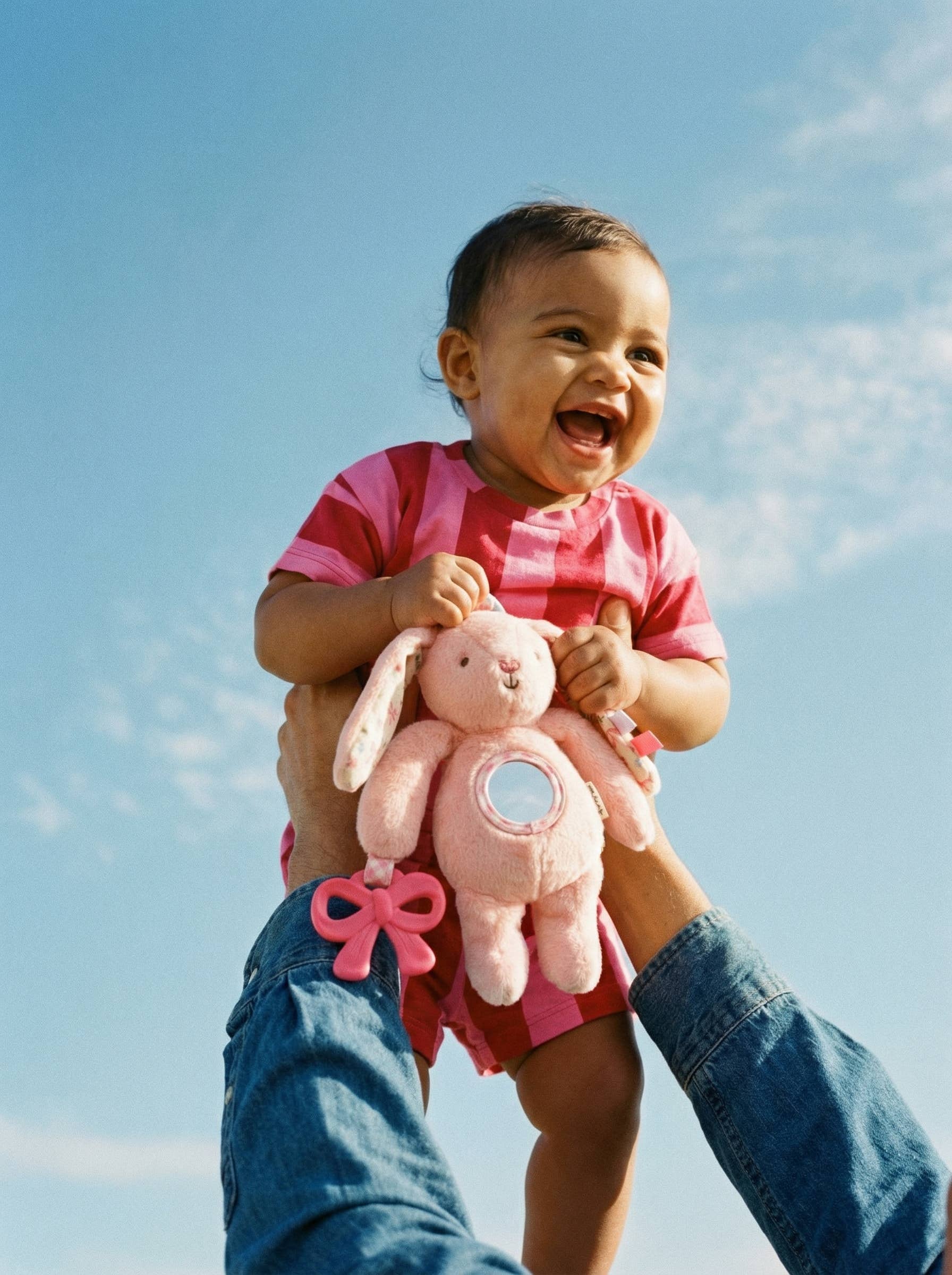 Pink Bunny Plush Sensory Travel Toy with Teether for Baby