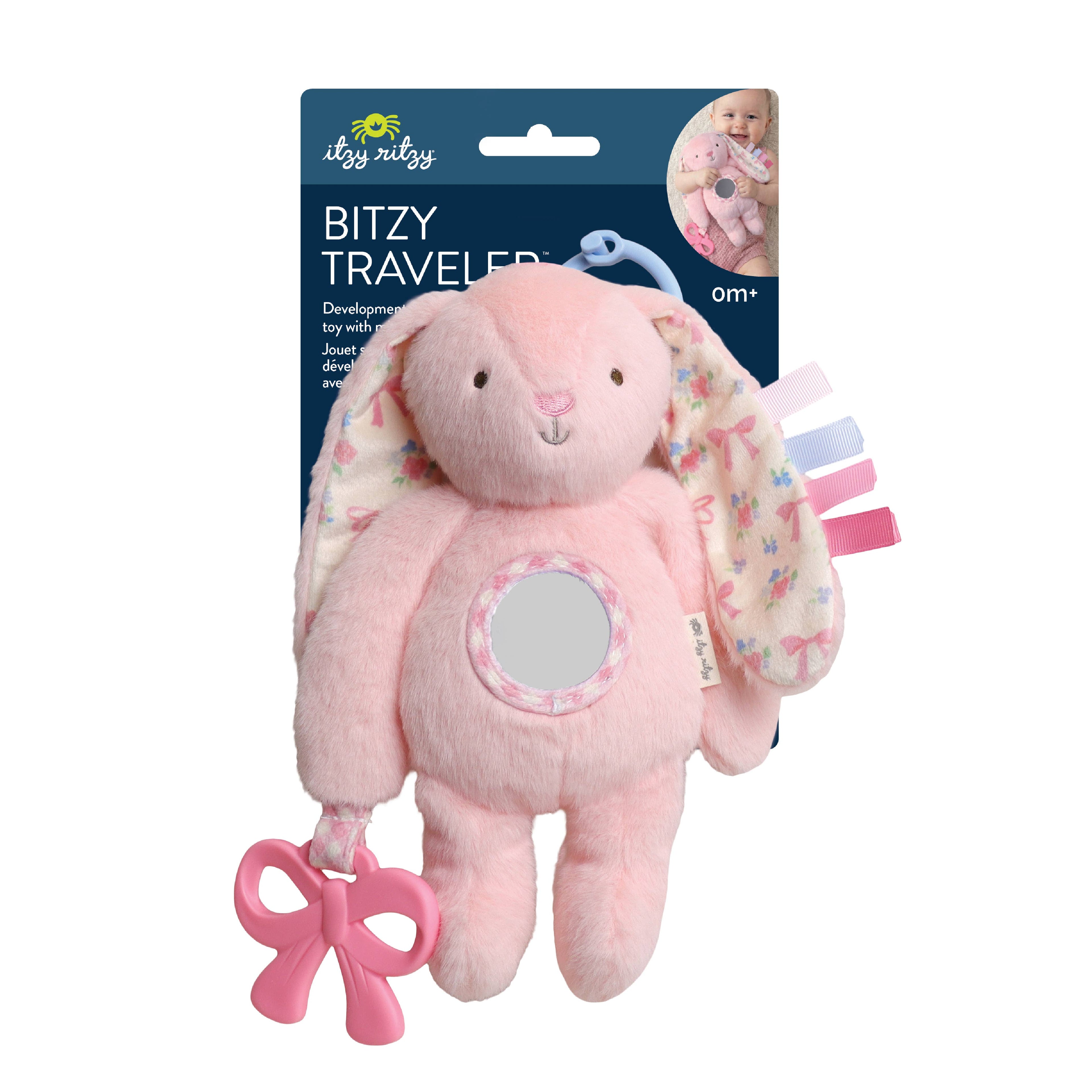 Pink Bunny Plush Sensory Travel Toy with Teether for Baby