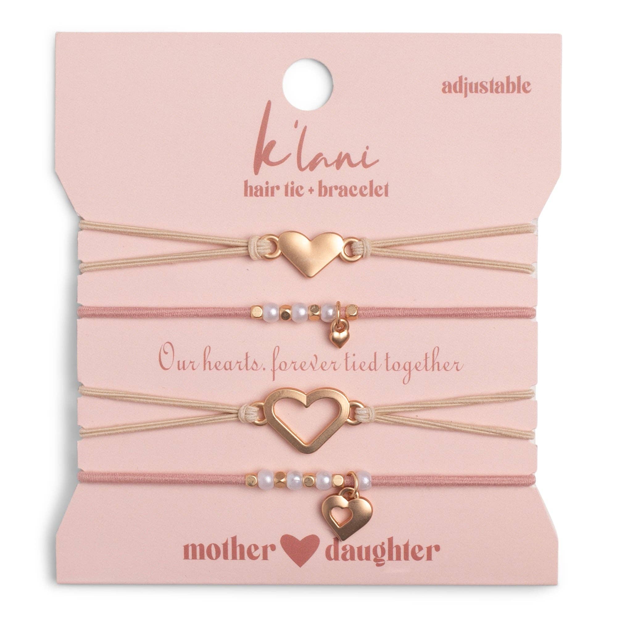 Mother Daughter Pink with Pearls and Gold Hearts Shareable Hair Tie Bracelets