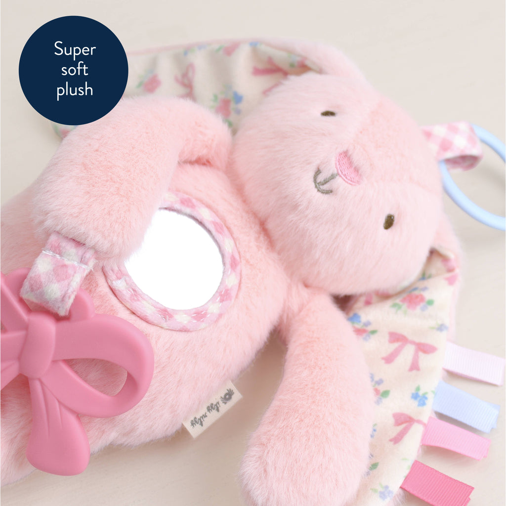 Pink Bunny Plush Sensory Travel Toy with Teether for Baby