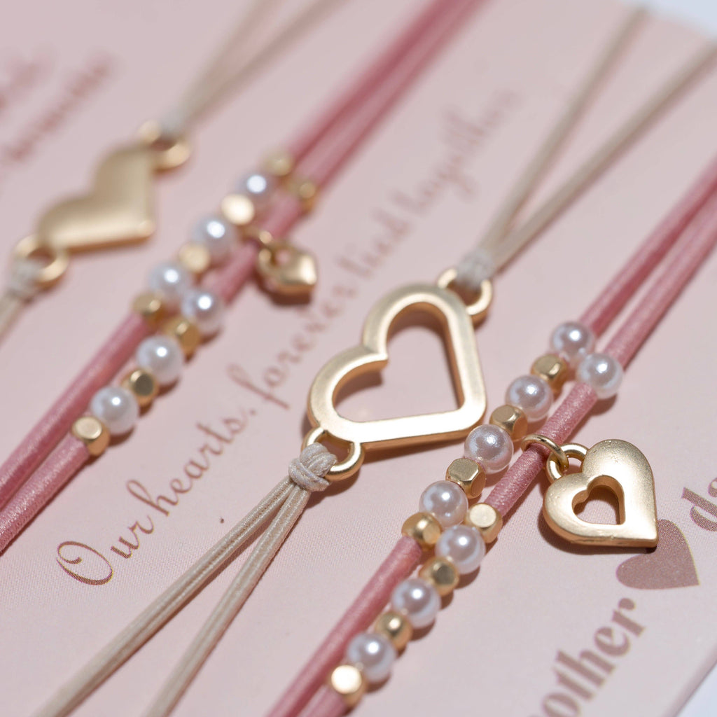 Mother Daughter Pink with Pearls and Gold Hearts Shareable Hair Tie Bracelets