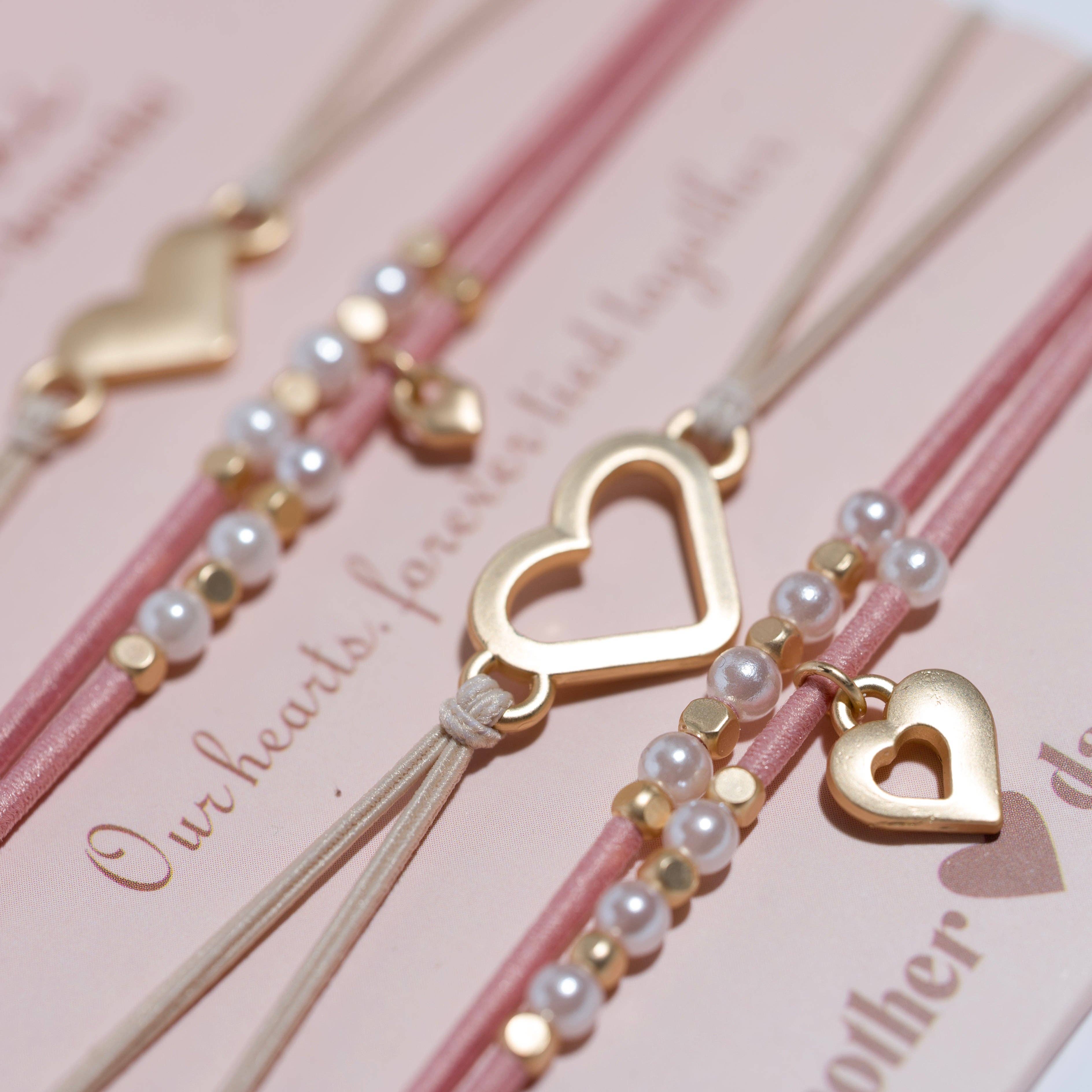 Mother Daughter Pink with Pearls and Gold Hearts Shareable Hair Tie Bracelets