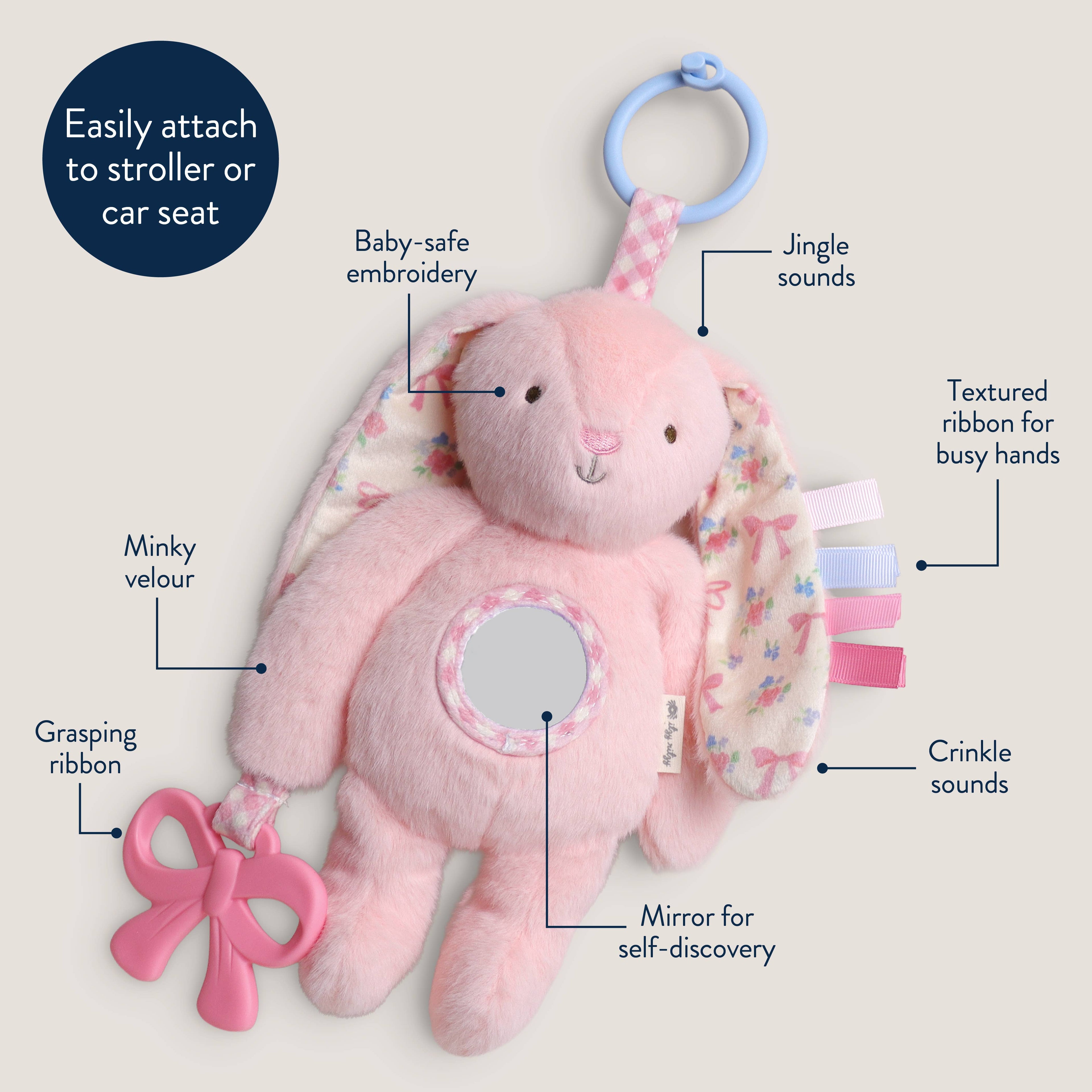 Pink Bunny Plush Sensory Travel Toy with Teether for Baby