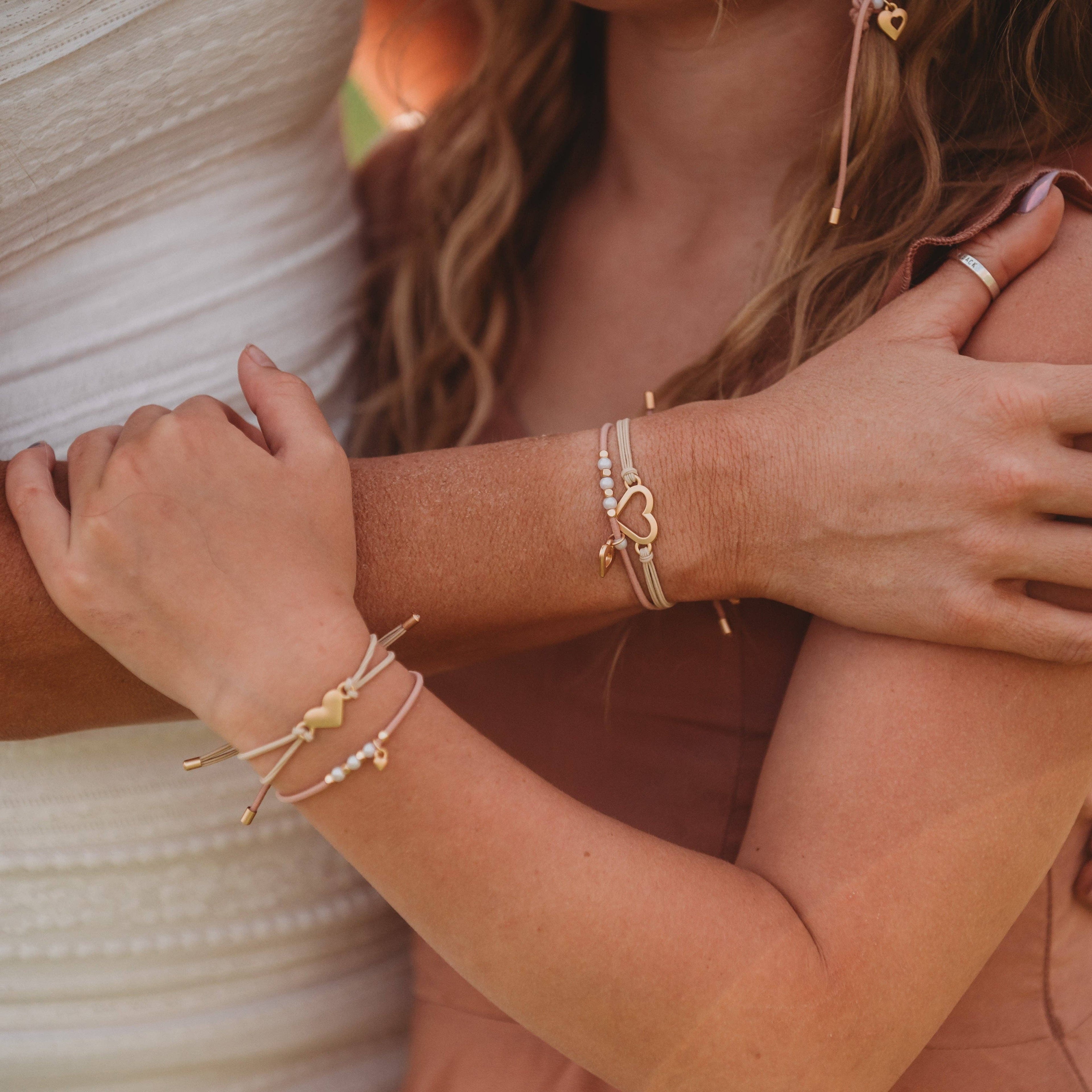 Mother Daughter Pink with Pearls and Gold Hearts Shareable Hair Tie Bracelets