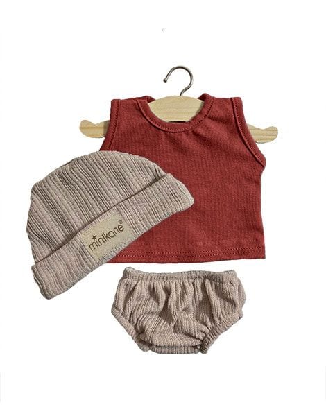 Brick Red Sleeveless Top Hat and Bloomers 3-Piece Doll Outfit Set