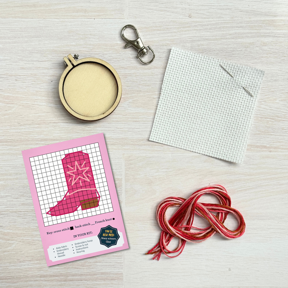 Mini Matchbox Cross Stitch Kit Cowgirl Boot Keyring DIY Craft Set