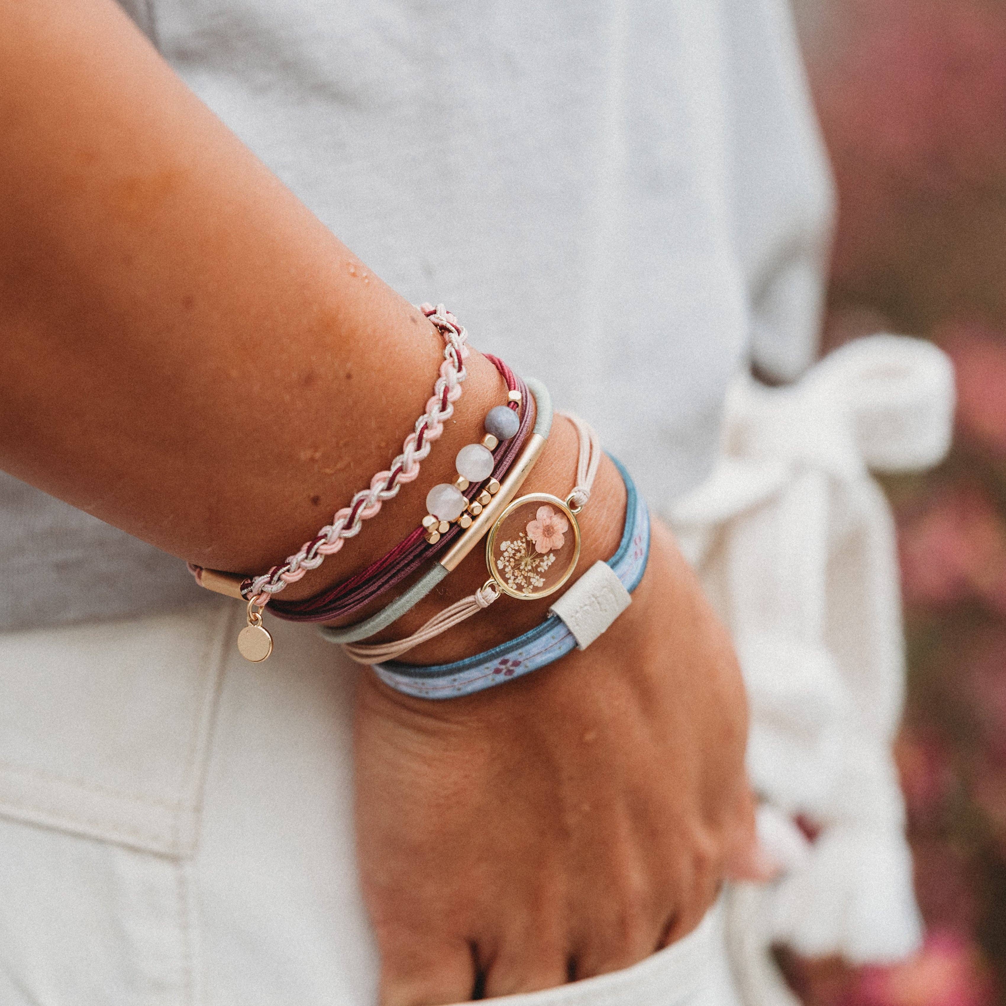 Maroon and Pink Pressed Flowers Hair Tie Bracelets Set of 5