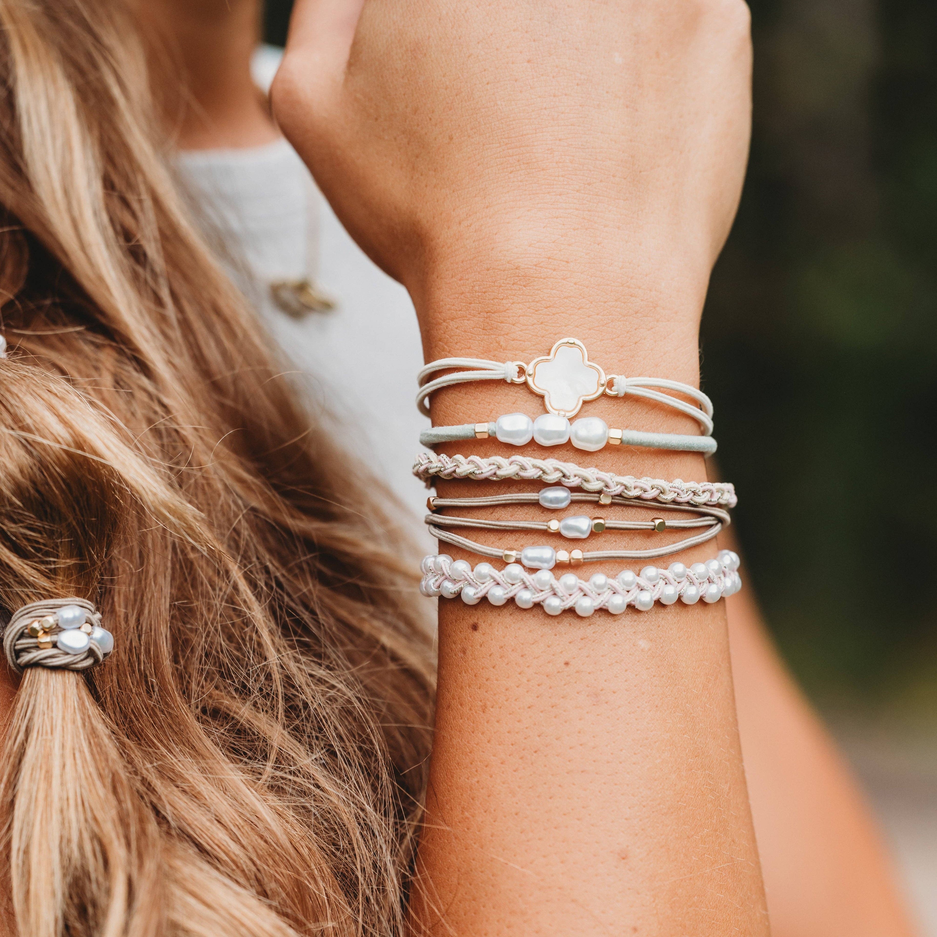 Soft Pinks with Pearl and Gold Accent Hair Tie Bracelets
