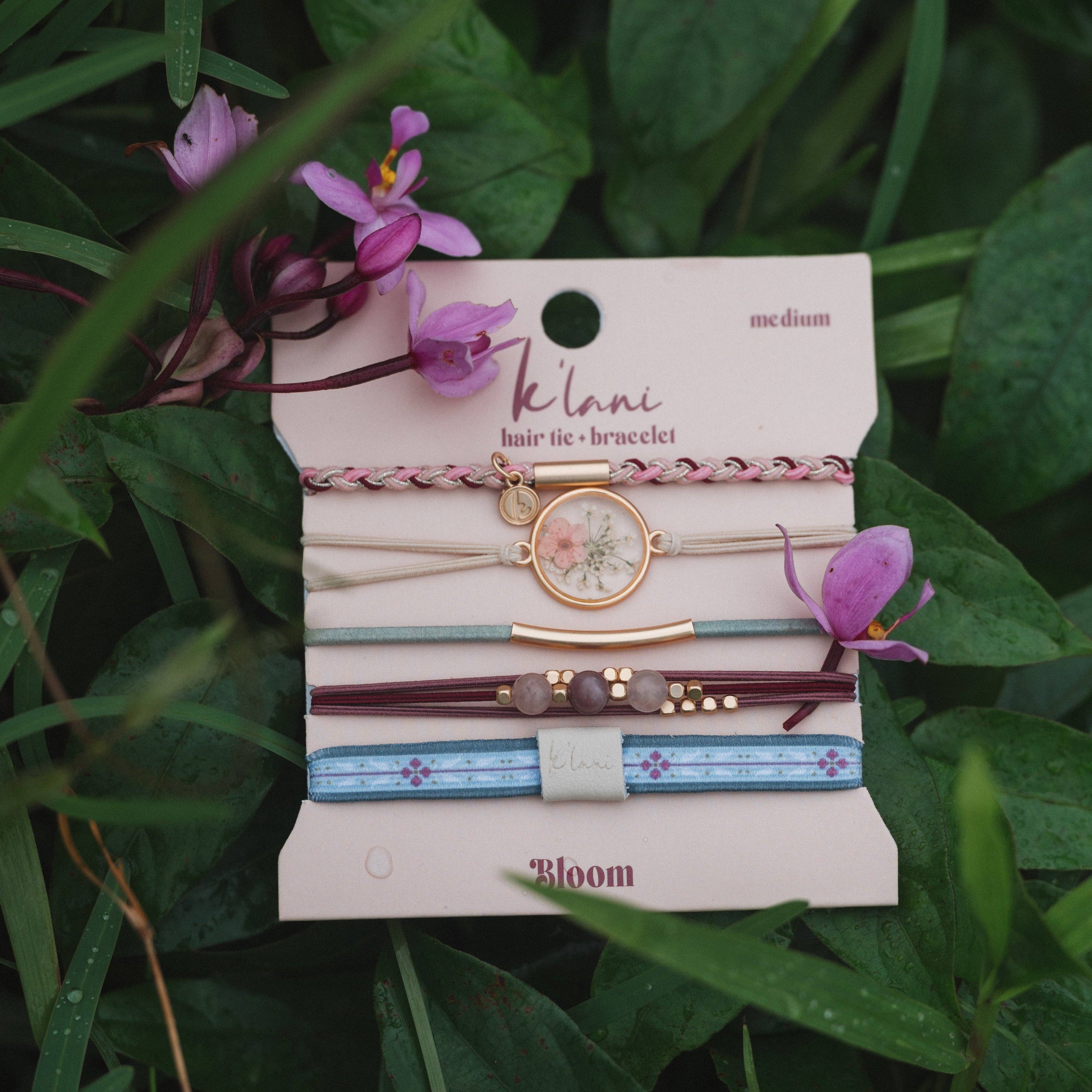 Maroon and Pink Pressed Flowers Hair Tie Bracelets Set of 5