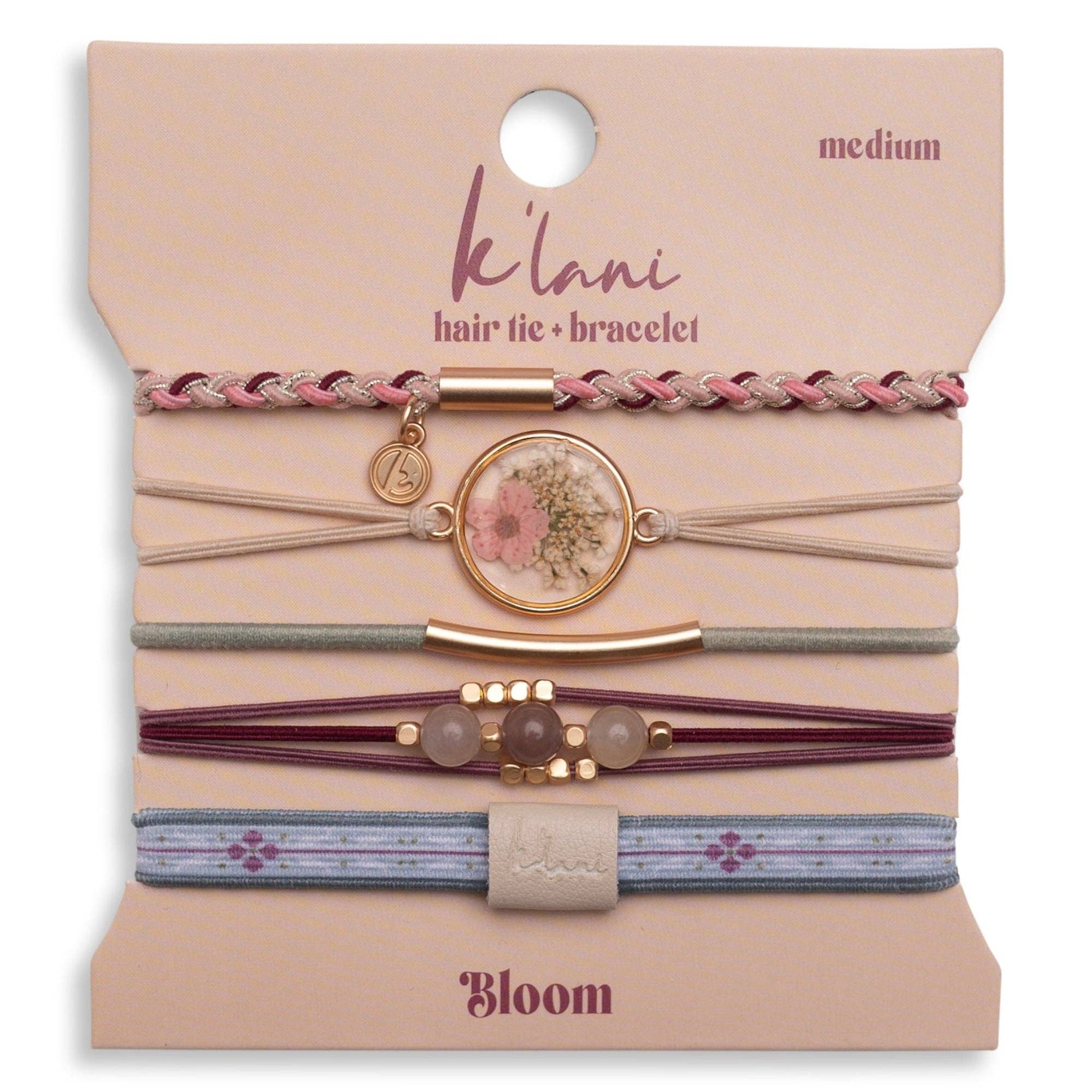 Maroon and Pink Pressed Flowers Hair Tie Bracelets Set of 5