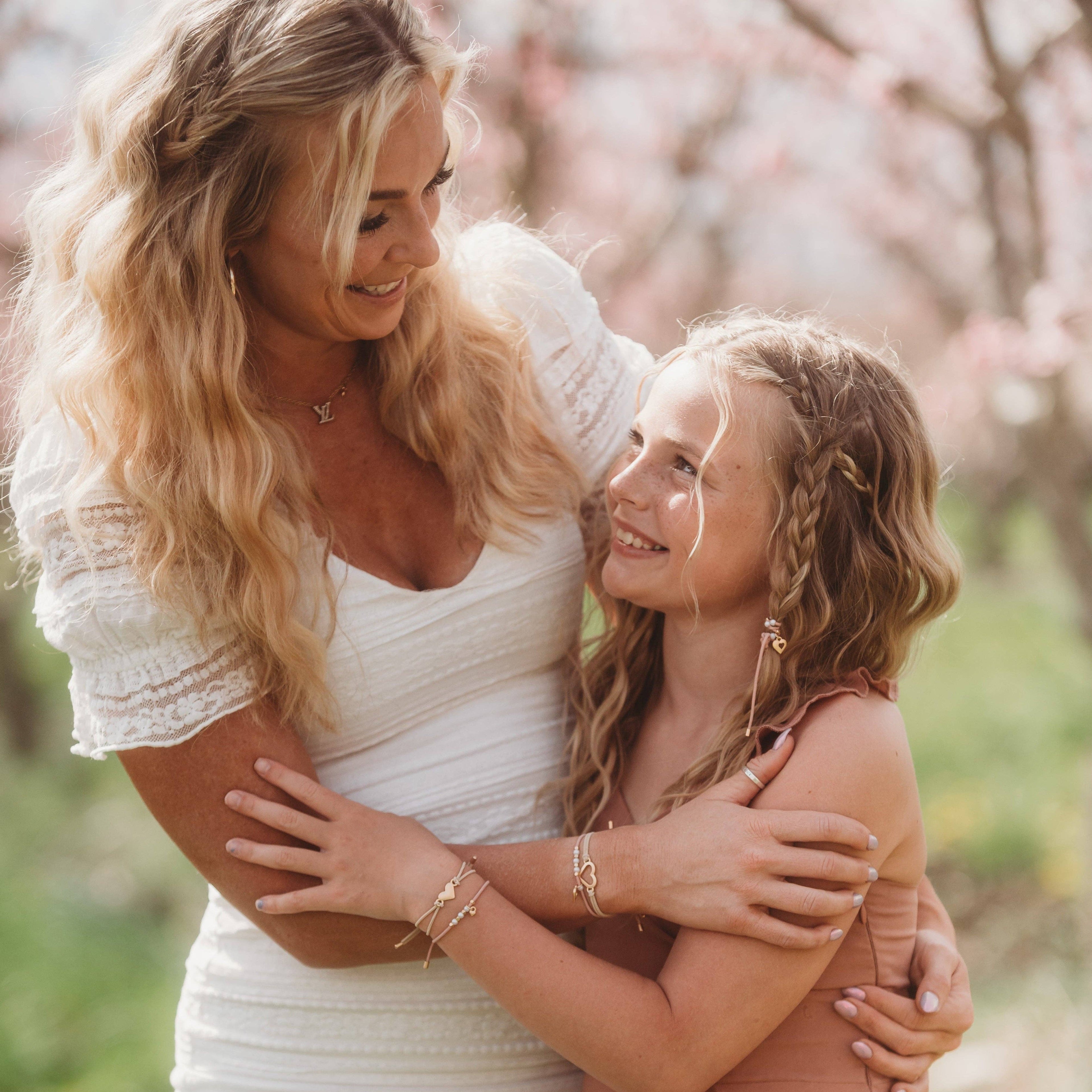 Mother Daughter Pink with Pearls and Gold Hearts Shareable Hair Tie Bracelets