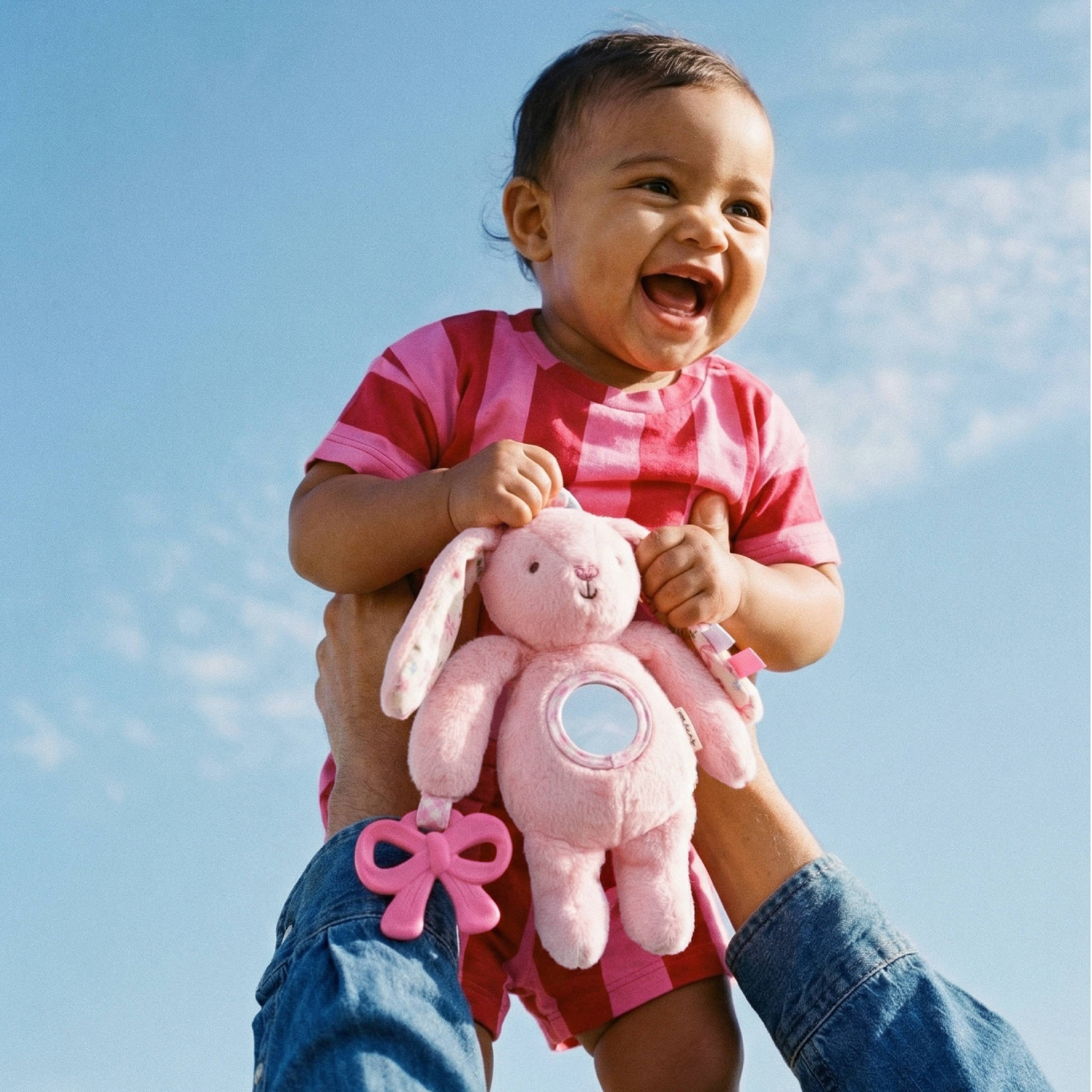 Pink Bunny Plush Sensory Travel Toy with Teether for Baby