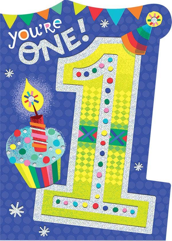 1st Birthday Foil Card with Colorful Shiny Accents and Envelope