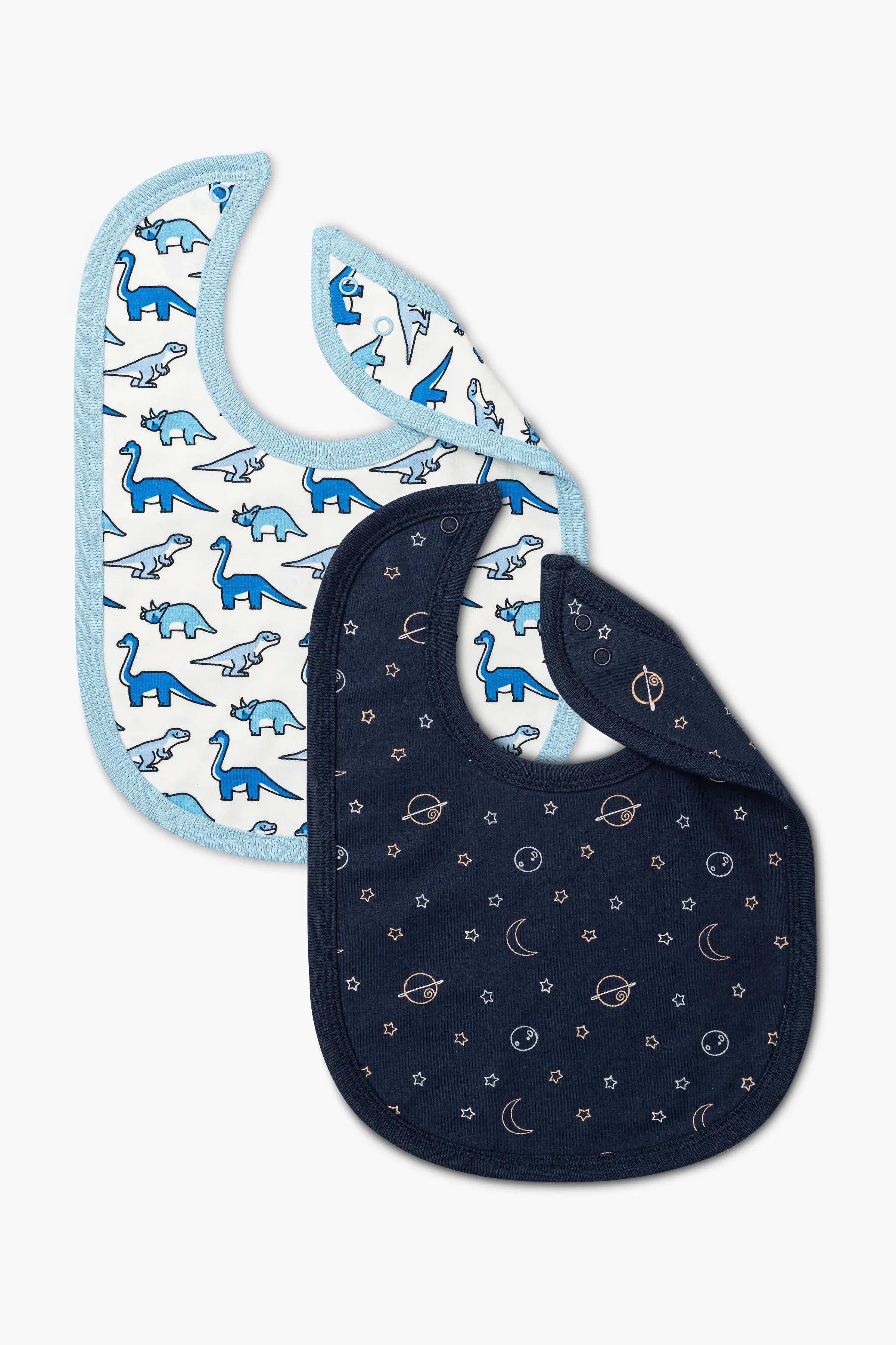 2-Pack Organic Cotton Baby Bibs with Snap Closure - Dinosaur & Space Navy Print